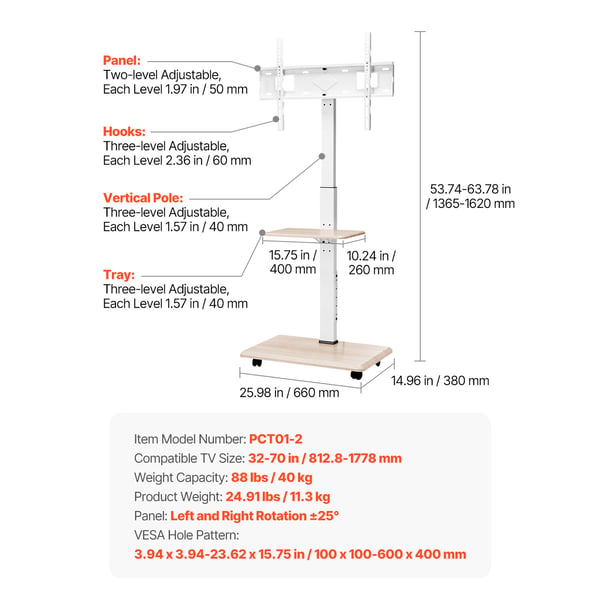 TV-bänk, Rullande mobil TV-vagn, 66x38x136,5-162 cm, Justerbar
