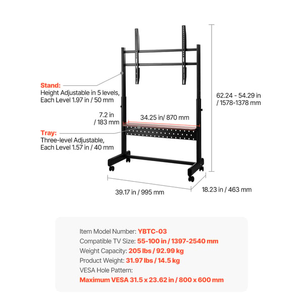 Rullende TV-stander, 99,5x46,3x157,8 cm, Sort, Justerbar, Mobil