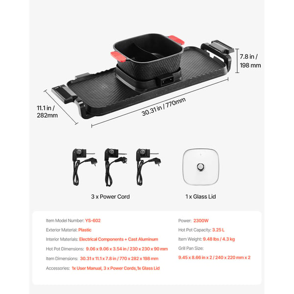 Hot Pot med Grill, 77x28.2x19.8 cm, Non-stick, Elektrisk apparat