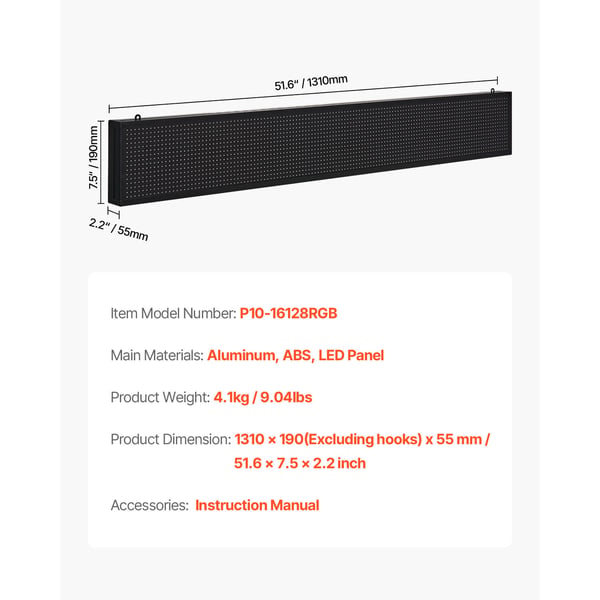 Programmerbart LED-skilt, 131x19x5,5 cm, Fuld farve, Reklameskærm