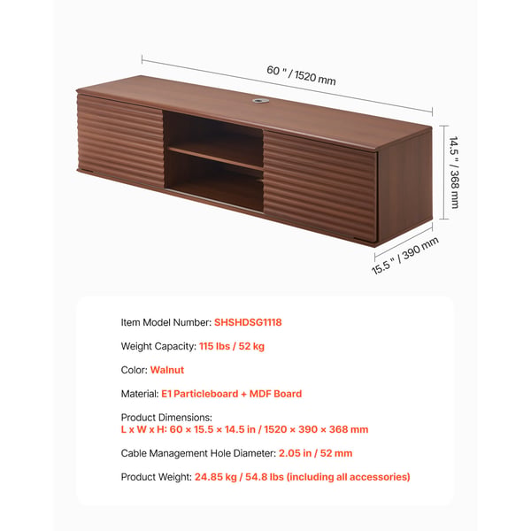 Flydende TV-bord, 152x39x36.8 cm, Valnød, Opbevaring