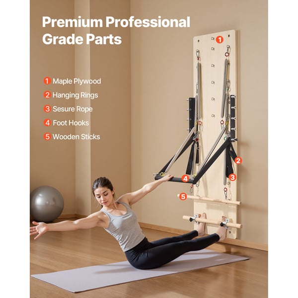 Pilates Reformer-maskin, 183x56x62 cm, lönnträ, väggmonterad träningsutrustning