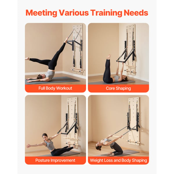 Pilates Reformer-maskin, 183x56x62 cm, lönnträ, väggmonterad träningsutrustning
