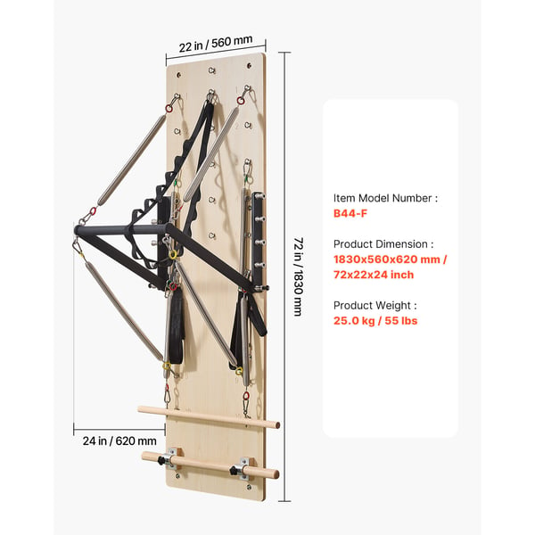 Pilates Reformer-maskin, 183x56x62 cm, lönnträ, väggmonterad träningsutrustning