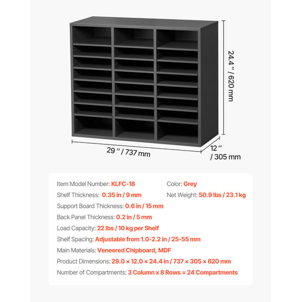 Litteraturorganisator, 24 fack 73,7x30,5x62 cm grå, förvaring
