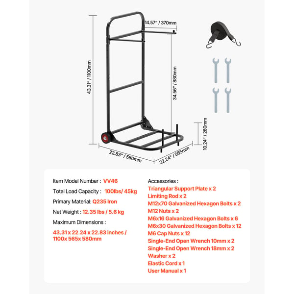 Sammenklappelig stolvogn, 1100x565x580 mm, Sort, Metalopbevaring