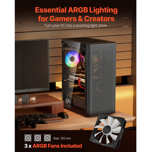 PC Gaming Chassi, Mid-Tower, 320 mm GPU-stöd, Härdat Glas, Stål