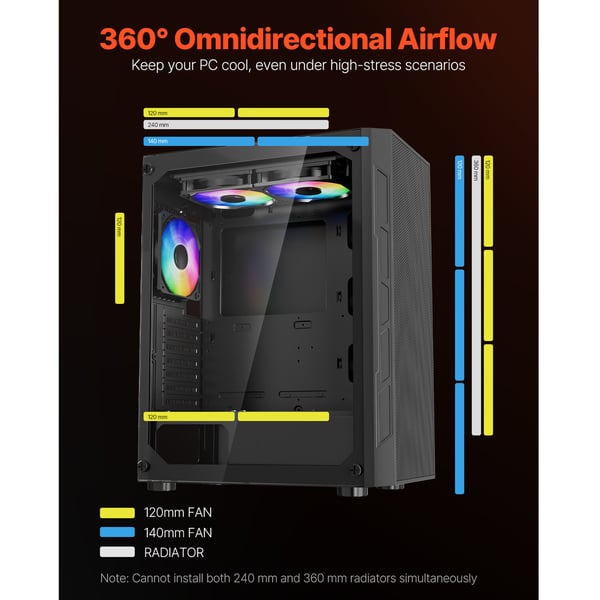 PC Gaming Chassi, Mid-Tower, 320 mm GPU-stöd, Härdat Glas, Stål