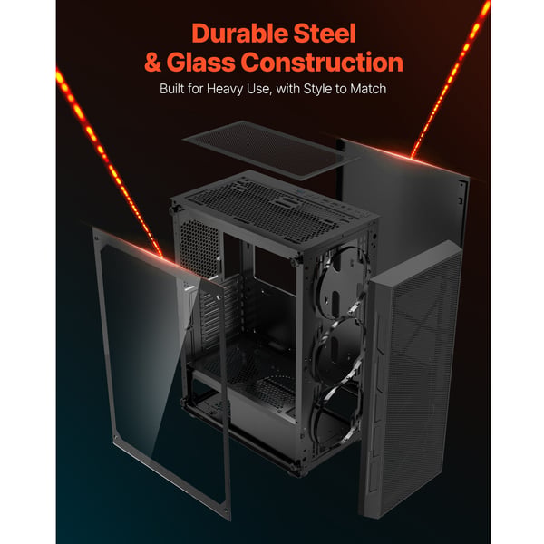 PC Gaming Chassi, Mid-Tower, 320 mm GPU-stöd, Härdat Glas, Stål