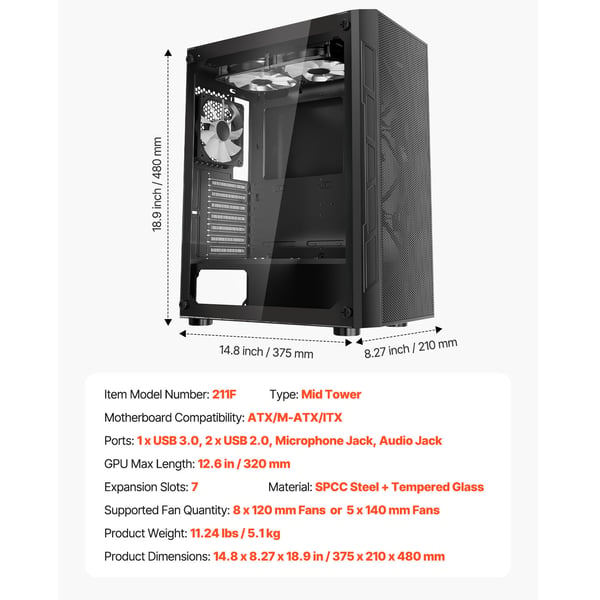 PC Gaming Chassi, Mid-Tower, 320 mm GPU-stöd, Härdat Glas, Stål