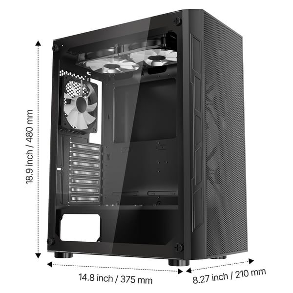 PC Gaming Chassi, Mid-Tower, 320 mm GPU-stöd, Härdat Glas, Stål