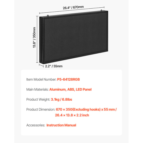 LED-skilt, Programmerbar fuldfarvet rullende display, 67x35x5,5 cm