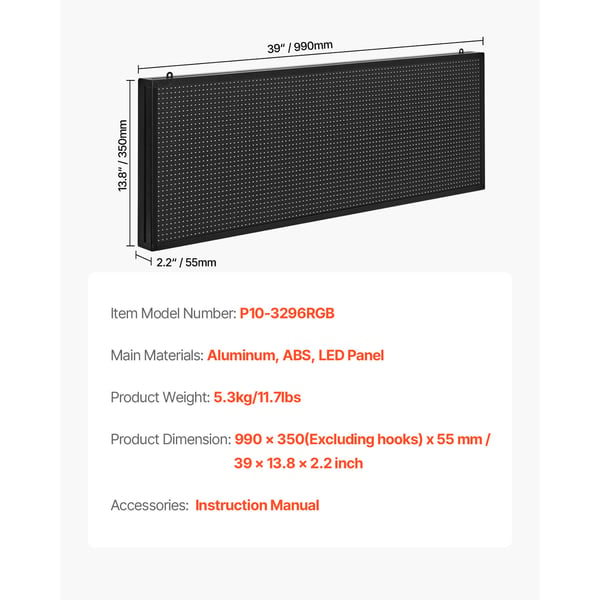 LED-skylt, Programmerbar fullfärgad rullande display, 99x35x5,5 cm