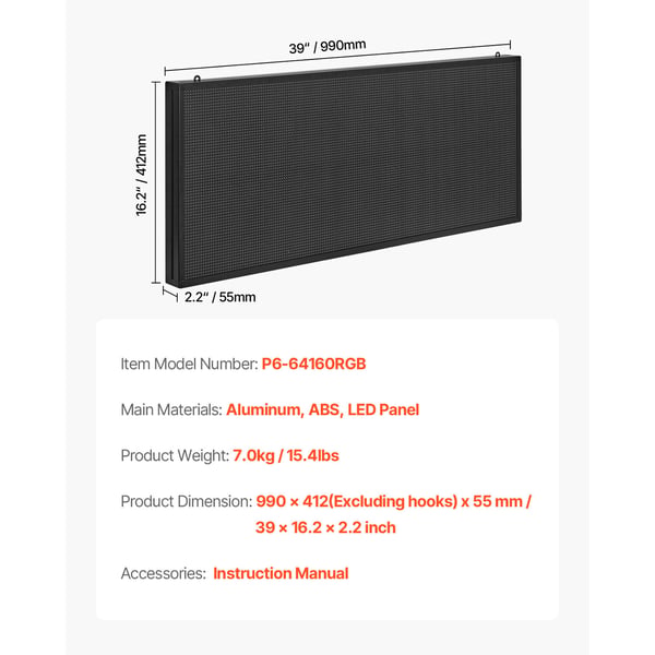 LED-skilt, Programmerbar fuldfarvet rullende displaytavle, 99x41,2x5,5 cm