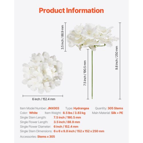 Kunstige blomster hortensia, 15.2x15.2x25 cm, hvid, silke