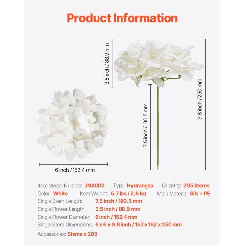 Kunstige blomster, Hortensia, 15.2x15.2x25 cm, Hvid, Silke