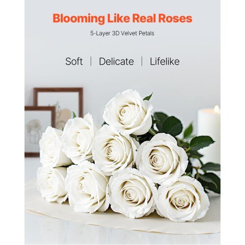 Kunstige blomster, rose, 10x10x51 cm, hvid, velour