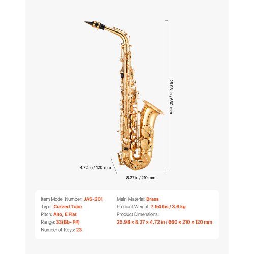 Altsaxofon, 66x21x12 cm, Guld, Mässing