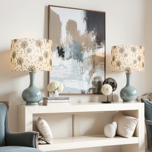 Lampskärm, Cylinderformad, 33x33x25 cm, Ljust Maskrosmönster, Linne