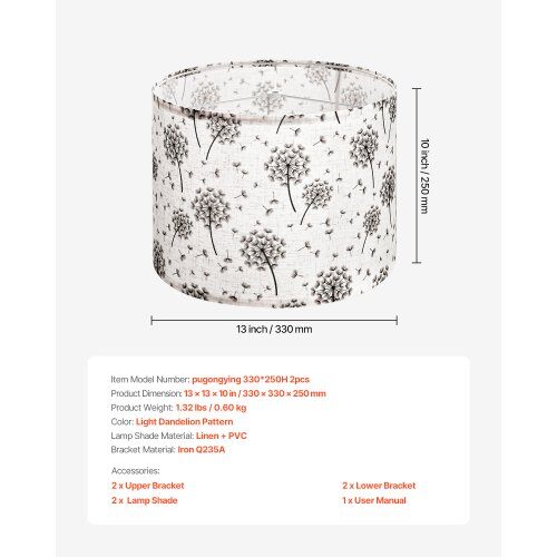 Lampskärm, Cylinderformad, 33x33x25 cm, Ljust Maskrosmönster, Linne