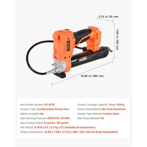 Fettpress, sladdlös batteridriven, 38x19.5x9.5 cm, verktyg
