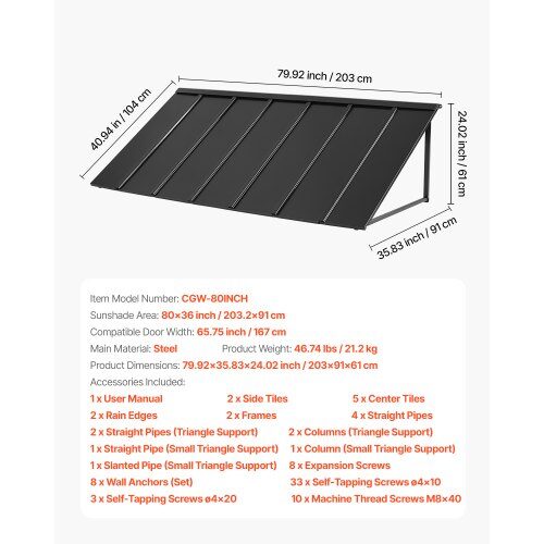 Markis, 203x91x61 cm, Svart, Metall Exteriör