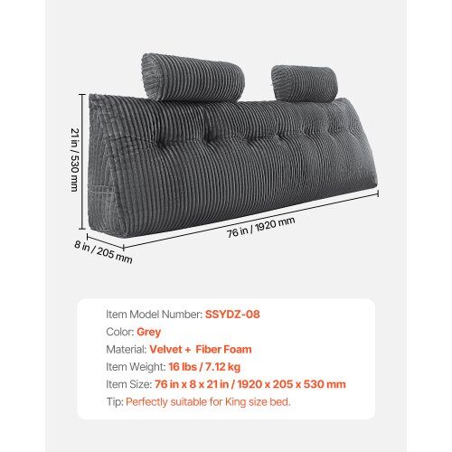 Hovedgærde Pude, King Size Kile, 192x20.5x53 cm, Grå, Velourstof