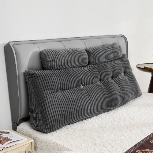 Hovedgærde pude, Queen størrelse kile, 151x20.5x53 cm, grå, velour