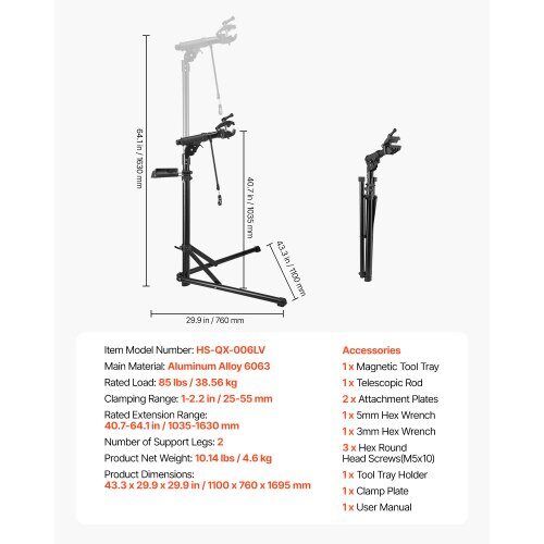 Cykelreparationsställ, 110x76x169,5 cm, Justerbar, Fällbar, Aluminium