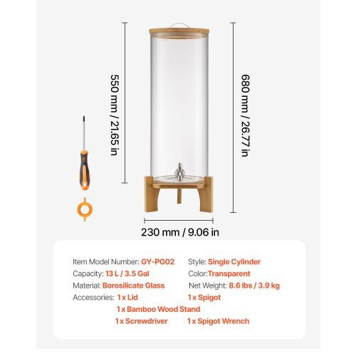 Dryckesdispenser, 20.5x20.5x63.7 cm, Transparent, Glas med träställning