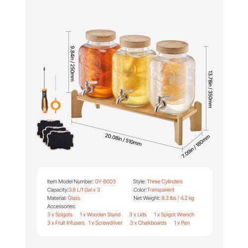 Dryckesdispenser, Glasdrycksdispenser med träställ, 55x15x15 cm, Transparent