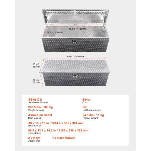Verktygslåda för lastbilsflak 124.6x38.1x38.1 cm silver aluminiumförvaring