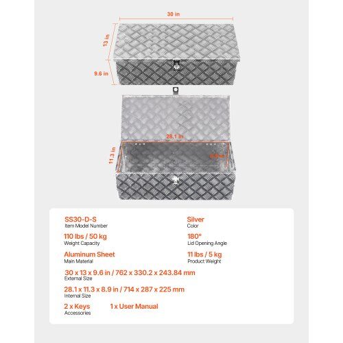 Verktygslåda för lastbilsflak, 76.2x33x24.4 cm, silver, förvaringslåda i aluminium