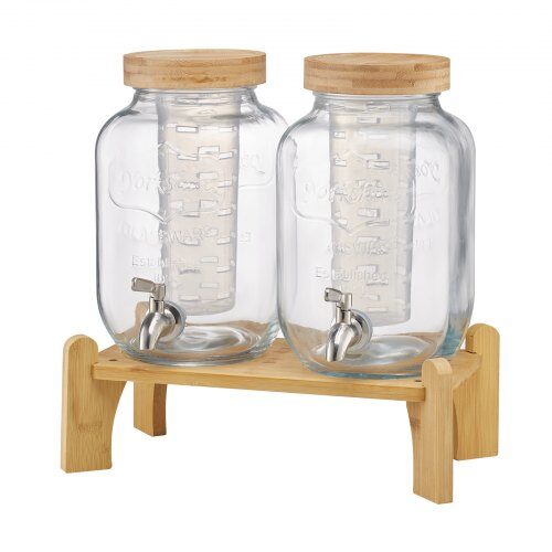 Dryckesdispenser, 2-pack glasjuicebehållare med träställ, 30x15x24.4 cm, transparent