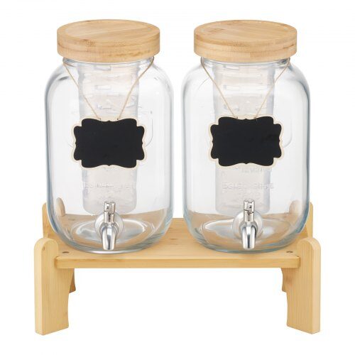 Dryckesdispenser, 2-pack glasjuicebehållare med träställ, 30x15x24.4 cm, transparent