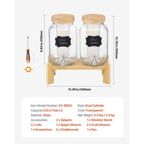 Dryckesdispenser, 2-pack glasjuicebehållare med träställ, 30x15x24.4 cm, transparent