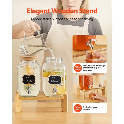 Dryckesdispenser, 2-pack glasjuicebehållare med träställ, 30x15x24.4 cm, transparent
