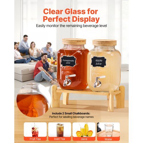 Dryckesdispenser, 2-pack glasjuicebehållare med träställ, 30x15x24.4 cm, transparent