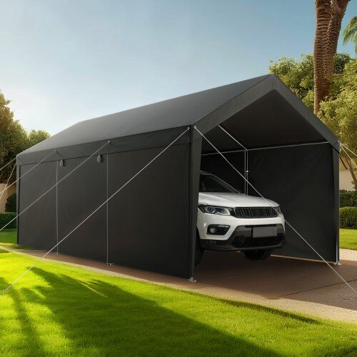 Carport, 365x609x302 cm, Grå, Stålram