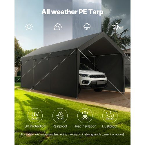 Carport, 365x609x302 cm, Grå, Stålram