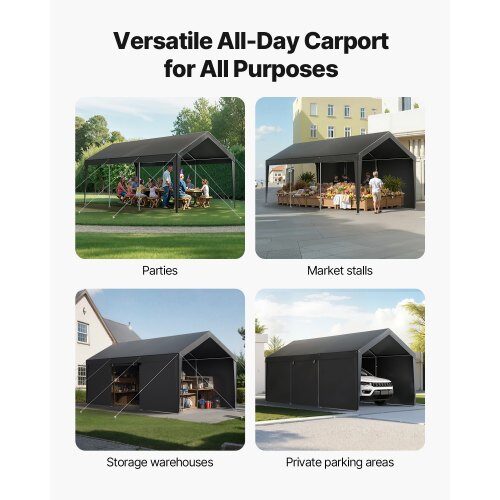 Carport, 365x609x302 cm, Grå, Stålram