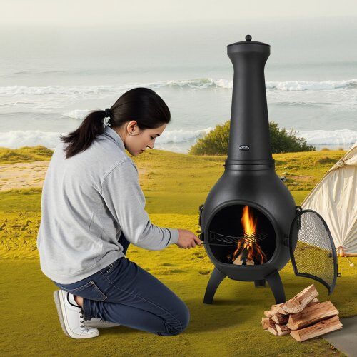 Chiminea, Sfärisk utomhus vedeldad eldstad, 43x42x112 cm, Svart