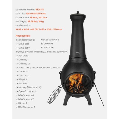 Chiminea, Sfärisk utomhus vedeldad eldstad, 43x42x112 cm, Svart