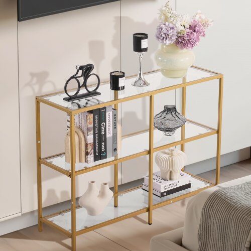 Konsolbord, 100x30x72.9 cm, Guld, Glas och Järn