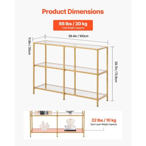 Konsolbord, 100x30x72.9 cm, Guld, Glas och Järn