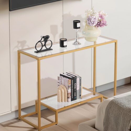 Konsolbord, 107x35.4x75.5 cm, Guld, Glas och Järn