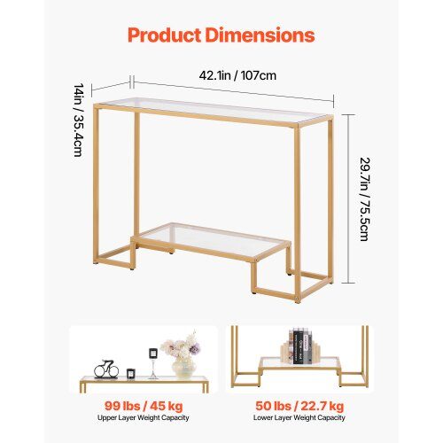Konsolbord, 107x35.4x75.5 cm, Guld, Glas och Järn