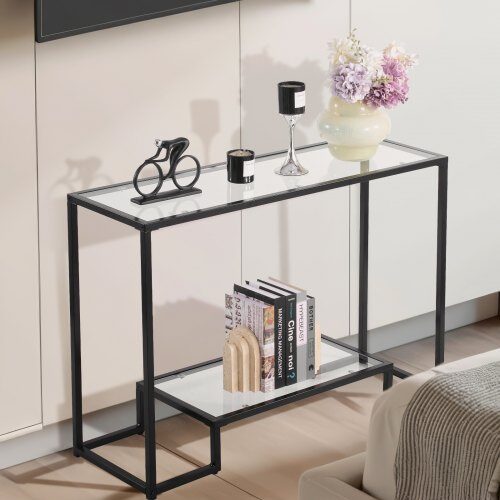 Konsolbord, 107x35,4x75,5 cm, Svart, Glas och Järn