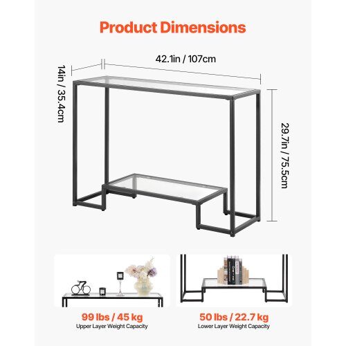 Konsolbord, 107x35,4x75,5 cm, Svart, Glas och Järn
