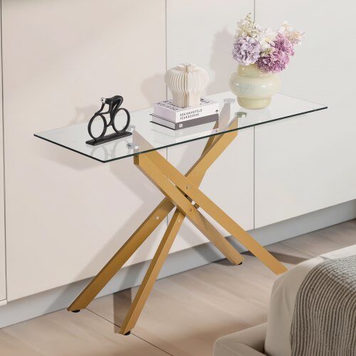 Soffbord, 114.3x45.7x76.2 cm, Guld, Glas och Järn
